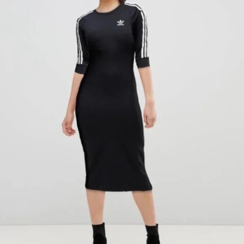 Adidas Black Bodycon Midi Dress with Raglan Sleeves